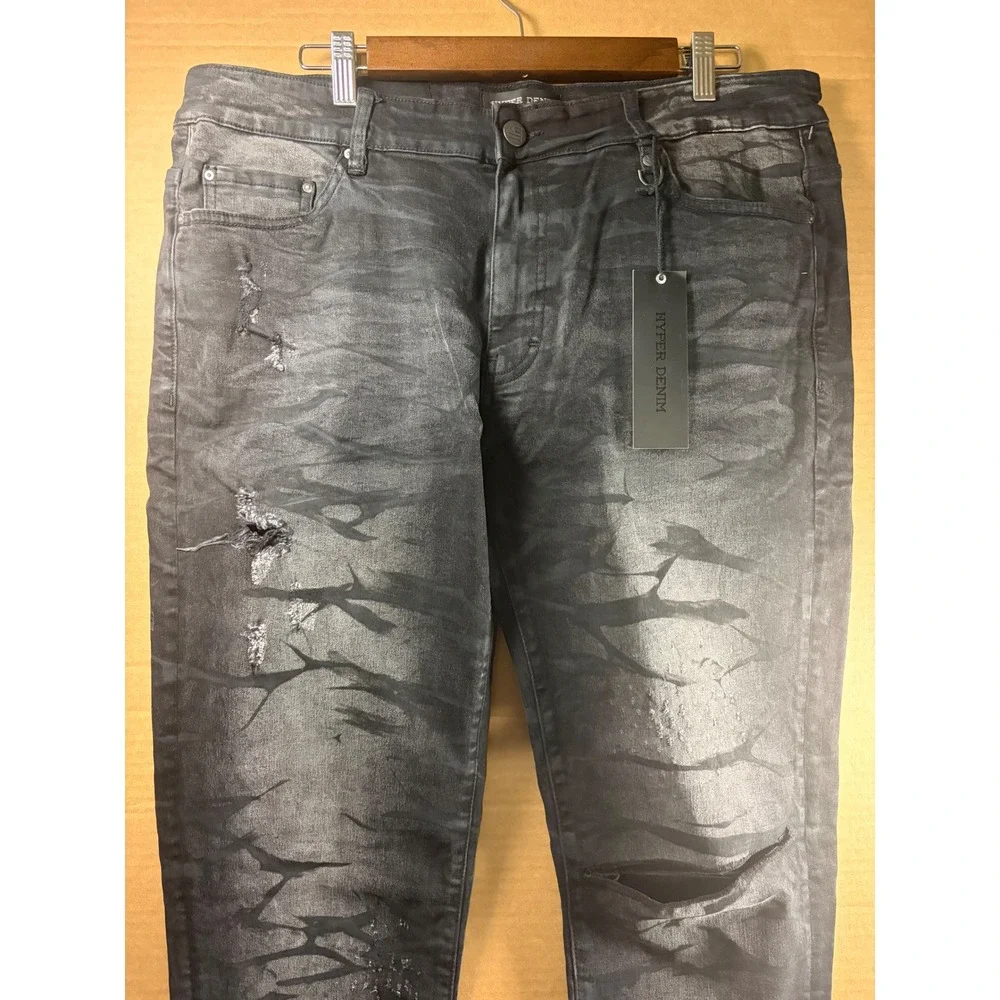 Hyper Denim Black Tiger Distressed Jeans Mens 38 Slim Tapered Streetwear